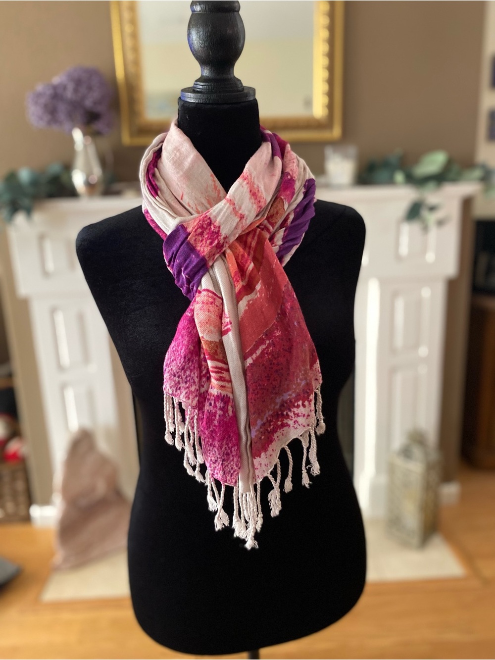 Women's Pink & Purple Patterned Fringe Scarf